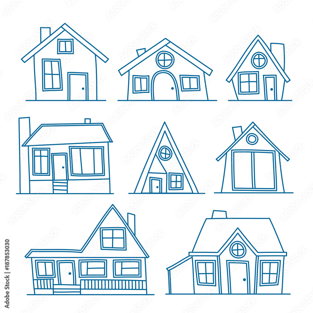 Fototapeta premium set of Vector line art illustration of cool detailed house icon isolated on white background. For coloration