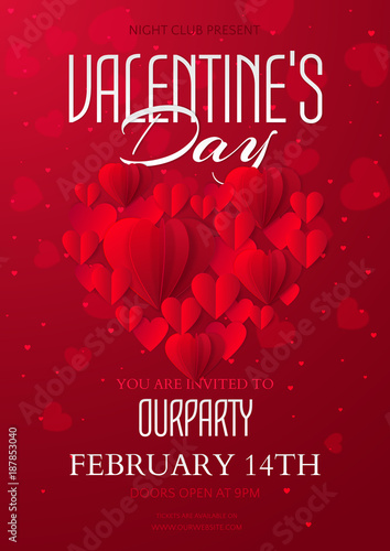 Vector elegant template of a poster for a party of Valentine's day with paper hearts. Red holiday romantic background for design of flyers and invitations.