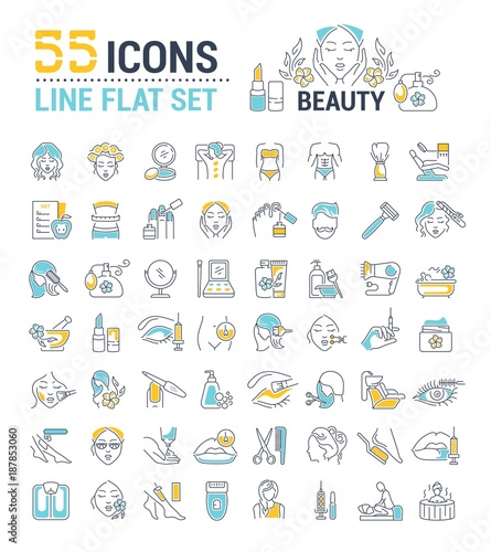 Vector graphic set. Icons in flat, contour, thin, minimal and linear design. Beauty. Attributes of beauty for men and women. Concept illustration for Web site. Sign, symbol, element.