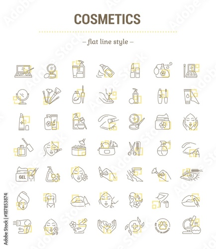 Vector graphic set. Isolated Icons in flat, contour, thin, minimal and linear design. Cosmetics for face and body. Makeup Accessories. Concept illustration for Web site. Sign, symbol, element.