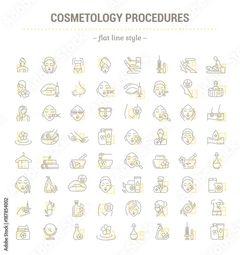 Vector graphic set. Icons in flat, contour, thin, minimal, and linear design. Cosmetology. Skin care. Simple isolated icons. Concept illustration for Web site and app. Sign, symbol, element.