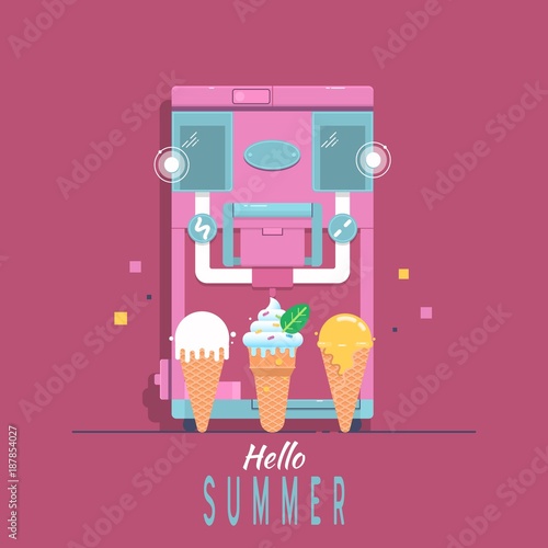 ice - cream machine with Lettering Hello Summer Set for Shop. small branches. Create a Business. Vector illustration