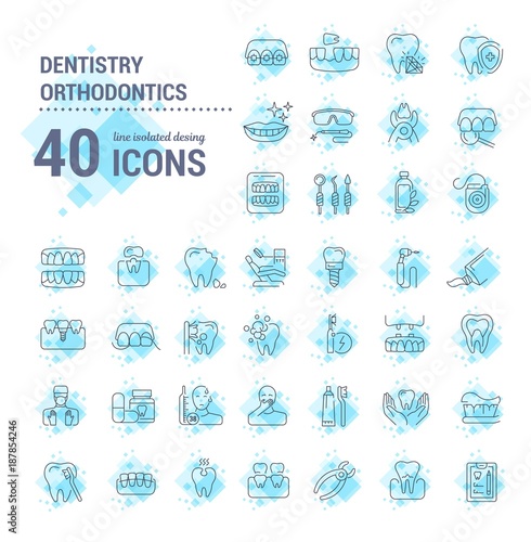 Vector graphic set. Icons in flat, contour, thin and linear design. Dental services, therapy, disease, problem, tool, reconstruction. Simple isolated icons. Concept Web illustration. Sign, symbol.