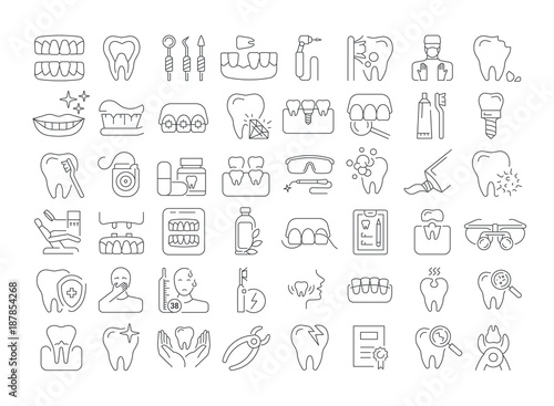 Vector graphic set. Icons in flat  contour  thin and linear design. Dental services  therapy  disease  problem  tool  reconstruction. Simple isolated icons. Concept Web illustration. Sign  symbol.