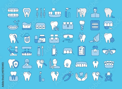 Vector graphic set. Icons in flat, contour, thin and linear design. Dental services, therapy, disease, problem, tool, reconstruction. Simple isolated icons. Concept Web illustration. Sign, symbol.