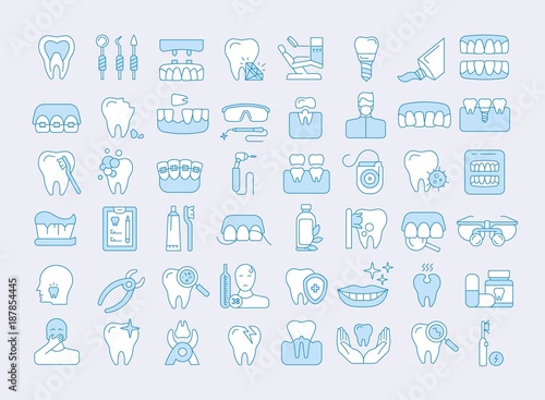 Vector graphic set. Icons in flat, contour, thin and linear design. Dental services, therapy, disease, problem, tool, reconstruction. Simple isolated icons. Concept Web illustration. Sign, symbol.