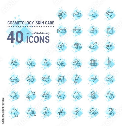 Vector graphic set. Icon in flat, contour, minimal, thin and linear design. Cosmetology. Skin care. Simple isolated icons. Concept illustration for Web site app. Sign, symbol, element.