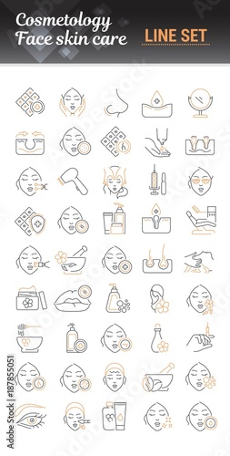 Vector graphic set. Icons in flat, contour, thin and linear design. Cosmetology. Skin care. Simple isolated icons. Concept illustration for Web site. Sign, symbol, element.