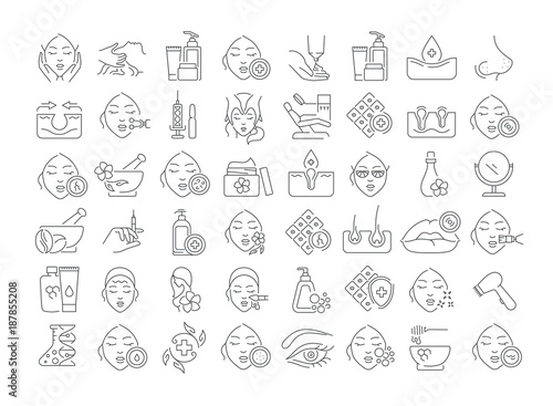 Vector graphic set. Icons in flat, contour, thin and linear design. Cosmetology. Skin care. Simple isolated icons. Concept illustration for Web site. Sign, symbol, element. photo