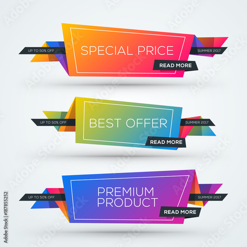 Set of sale web banners. Shopping tags. Discount and promotional colorful origami stickers. Vector illustration