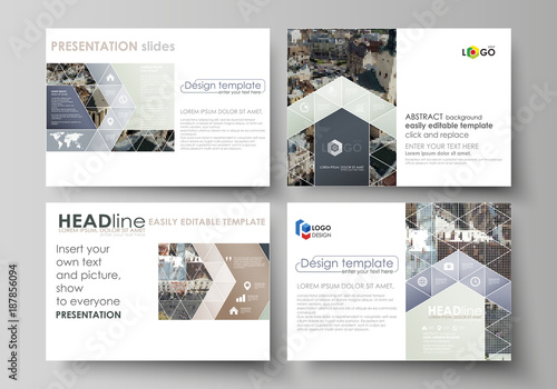 Set of business templates for presentation slides. Easy editable abstract vector layouts in flat design. Colorful background made of dotted texture for travel business, urban cityscape.