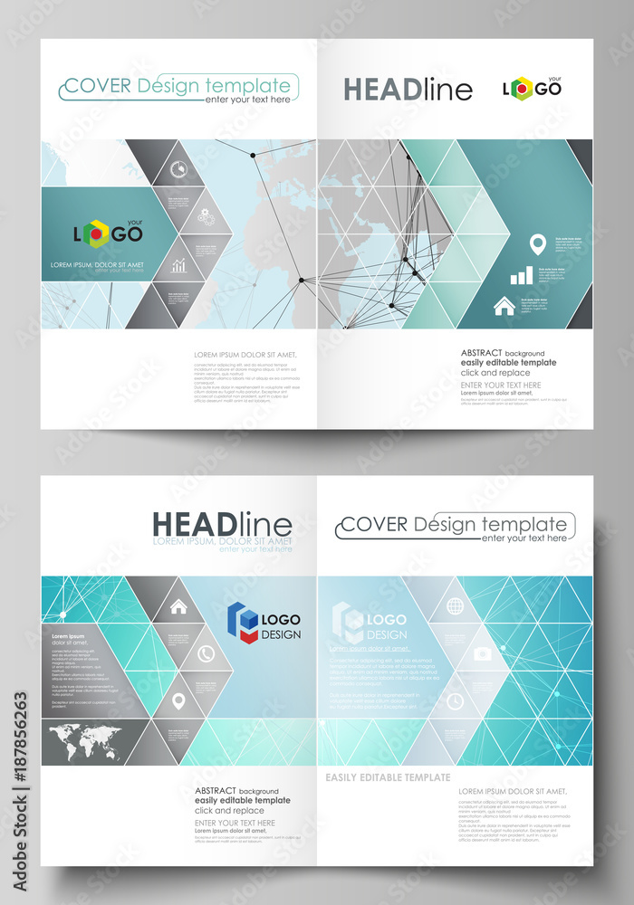 The vector illustration of the editable layout of two A4 format modern cover mockups design templates for brochure, magazine, flyer. Futuristic high tech background, dig data technology concept.