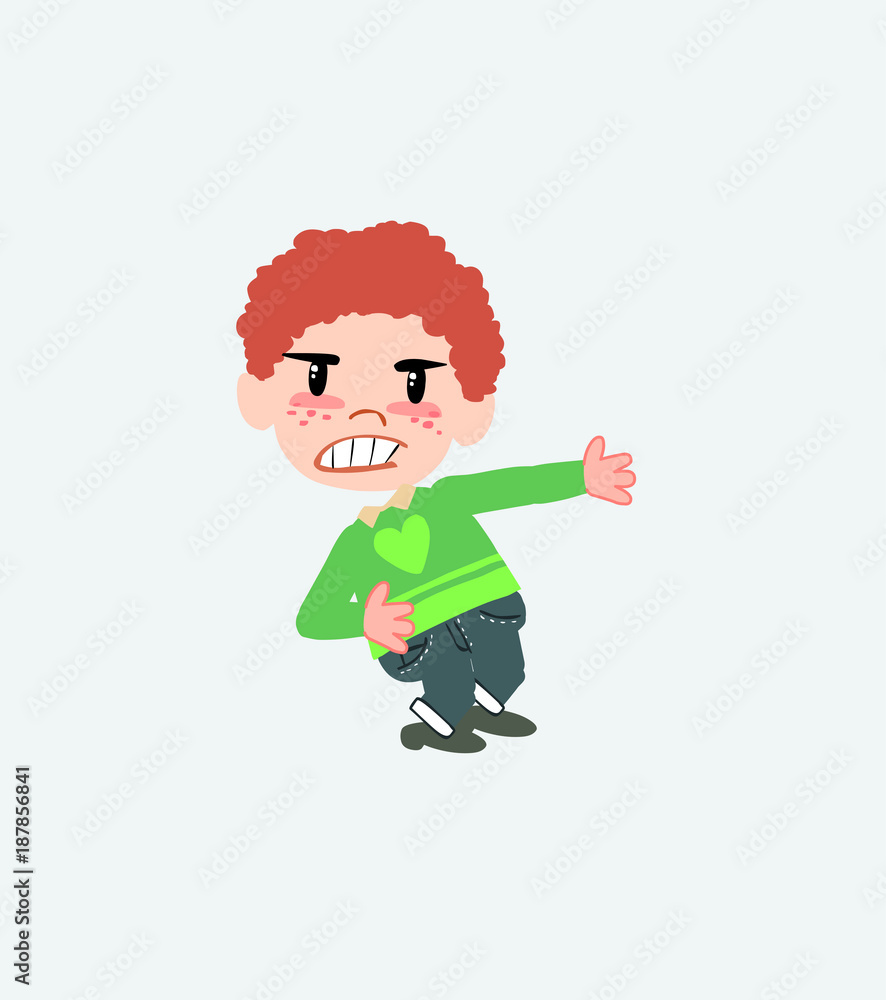 White boy in jeans shows very angry something to his left.