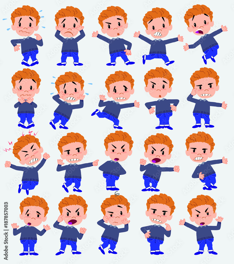 Cartoon character boy in jeans. Set with different postures, attitudes and poses, always in negative attitude, doing different activities in vector vector illustrations. Cartoon character boy in jeans. Set with different postures, attitudes and poses, always in negative attitude, doing different activities in vector vector illustrations.