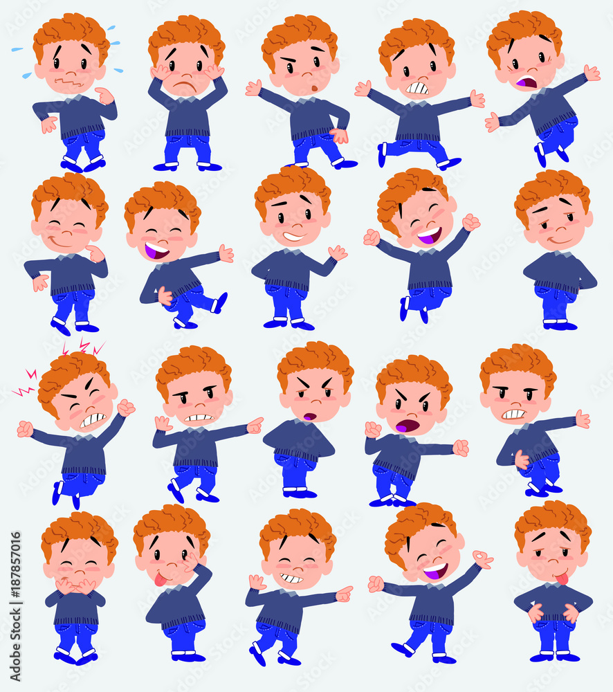 Cartoon character white boy in jeans. Set with different postures, attitudes and poses, doing different activities in isolated vector illustrations.
