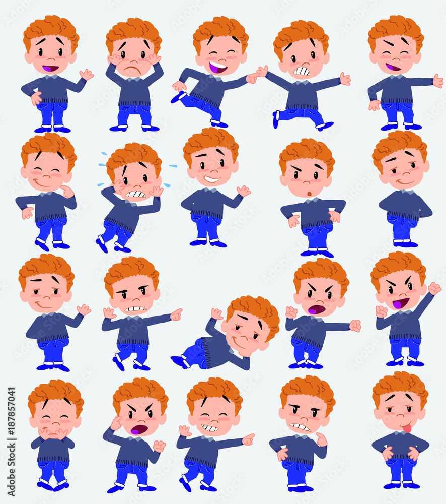 Cartoon character white boy in jeans. Set with different postures, attitudes and poses, doing different activities in isolated vector illustrations.