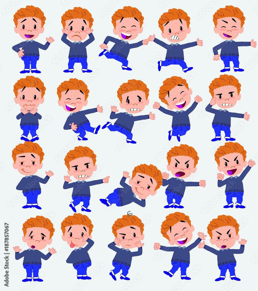 Cartoon character white boy in jeans. Set with different postures, attitudes and poses, doing different activities in isolated vector illustrations.