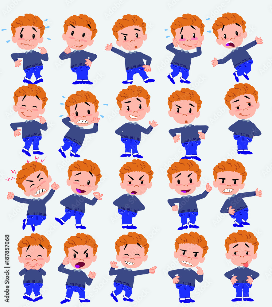 Cartoon character white boy in jeans. Set with different postures, attitudes and poses, doing different activities in isolated vector illustrations. Cartoon character white boy in jeans. Set with different postures, attitudes and poses, doing different activities in isolated vector illustrations.