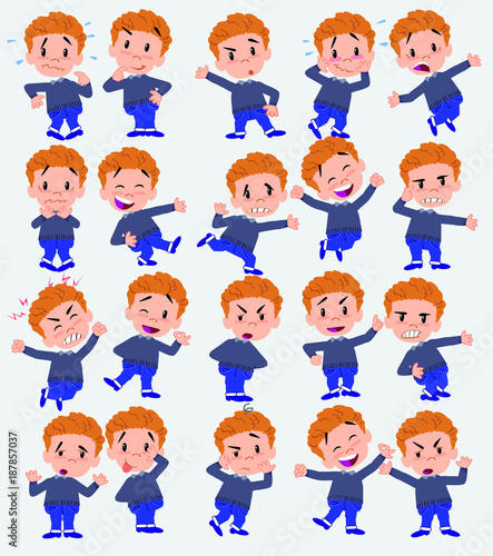 Cartoon character white boy in jeans. Set with different postures  attitudes and poses  doing different activities in isolated vector illustrations.