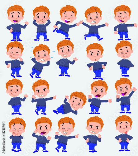 Cartoon character white boy in jeans. Set with different postures, attitudes and poses, doing different activities in isolated vector illustrations. © David