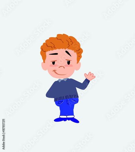 White boy in jeans waving with a dreamy expression.