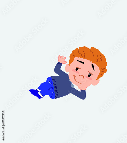 White boy in jeans lying, greets with a dreamy expression.