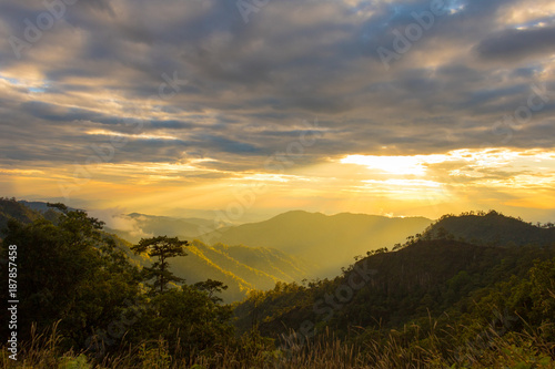 Photo landscape and sunset. The Sunset on the mountains Thailand. 