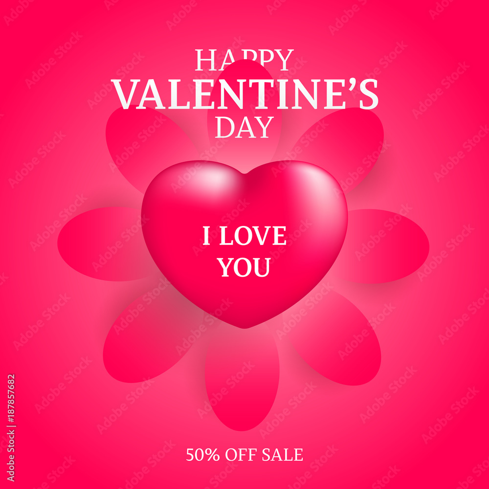 Realistic pink 3d romantic valentine heart background floating with cut paper flower print