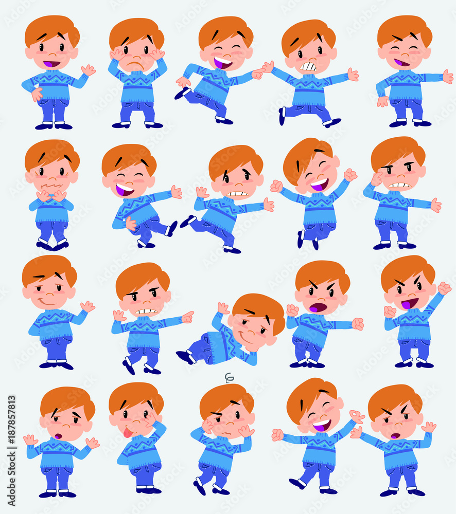 Cartoon character white boy in jeans. Set with different postures, attitudes and poses, doing different activities in isolated vector illustrations. Cartoon character white boy in jeans. Set with different postures, attitudes and poses, doing different activities in isolated vector illustrations.