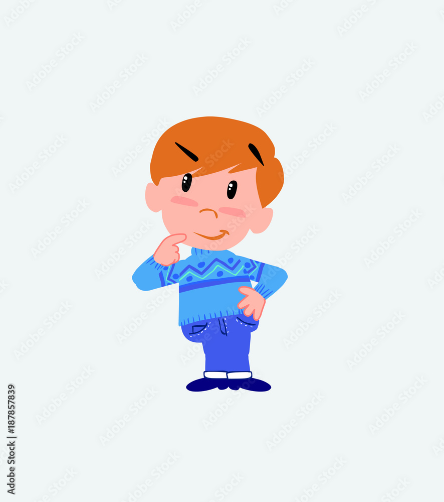 White boy in jeans thoughtful and happy. White boy in jeans thoughtful and happy.