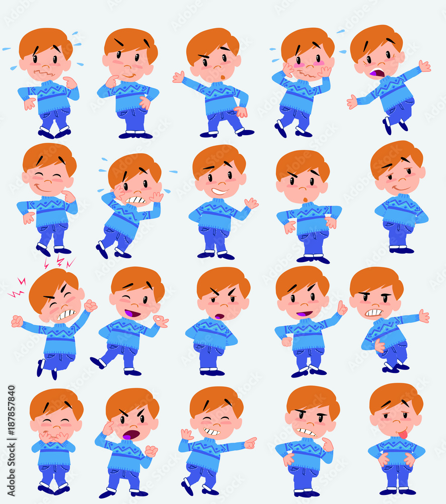 Cartoon character white boy in jeans. Set with different postures, attitudes and poses, doing different activities in isolated vector illustrations. Cartoon character white boy in jeans. Set with different postures, attitudes and poses, doing different activities in isolated vector illustrations.