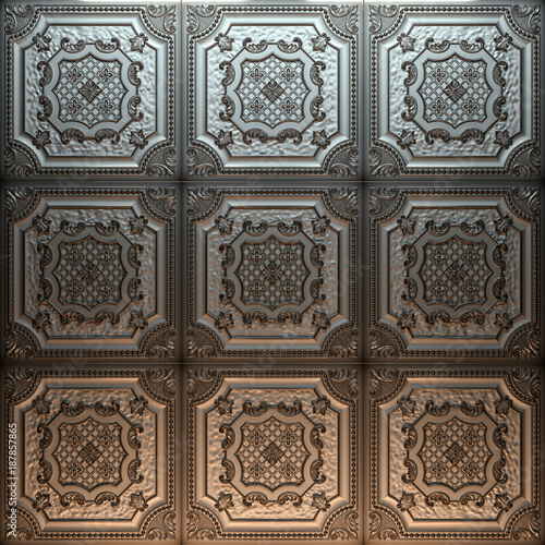 Vintage decorative tiles for walls and ceilings. Elizabethan Shield Tin. 3D rendering.