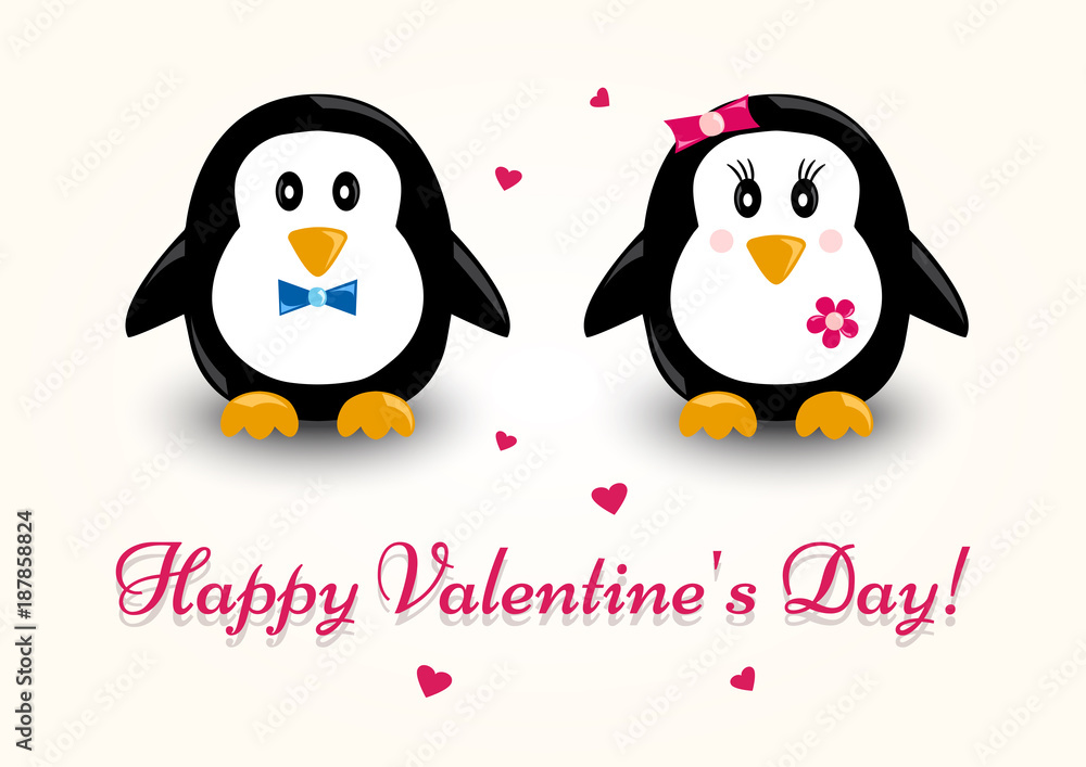 Naklejka premium Greeting card for Valentine's Day. Penguin with inscription Happy Valentine's Day. Vector illustration