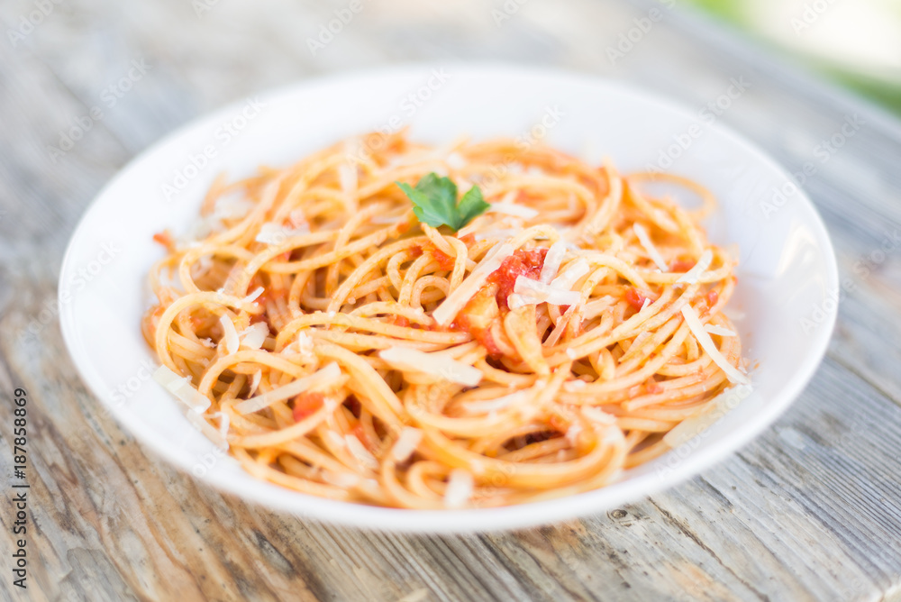 Tomato spaghetti with parmigiano cheese 