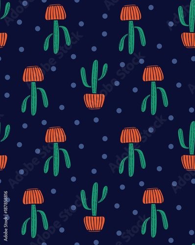 Seamless pattern with cartoon cactuses.