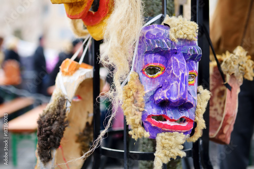 Wooden maks weared to celebrate Uzgavenes, a Lithuanian annual folk festival taking place several weeks before Easter. photo