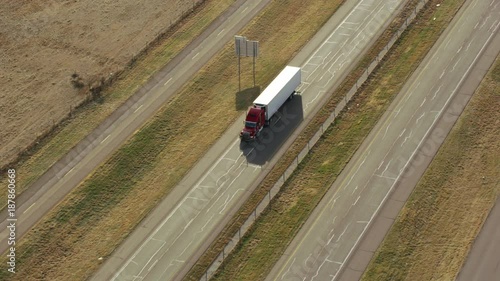 Aerial view of semi truck on highway in Texas