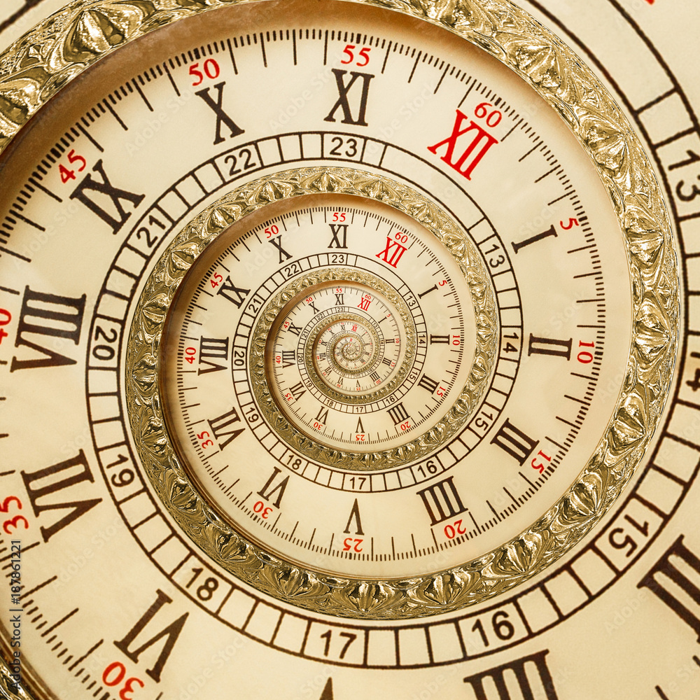Antique old spiral clocks abstract fractal spiral. Watch clock unusual abstract texture fractal pattern background. Golden old fashion clock with roman and arabic numerals. Abstract spiral time effect Antique old spiral clocks abstract fractal spiral. Watch clock unusual abstract texture fractal pattern background. Golden old fashion clock with roman and arabic numerals. Abstract spiral time effect