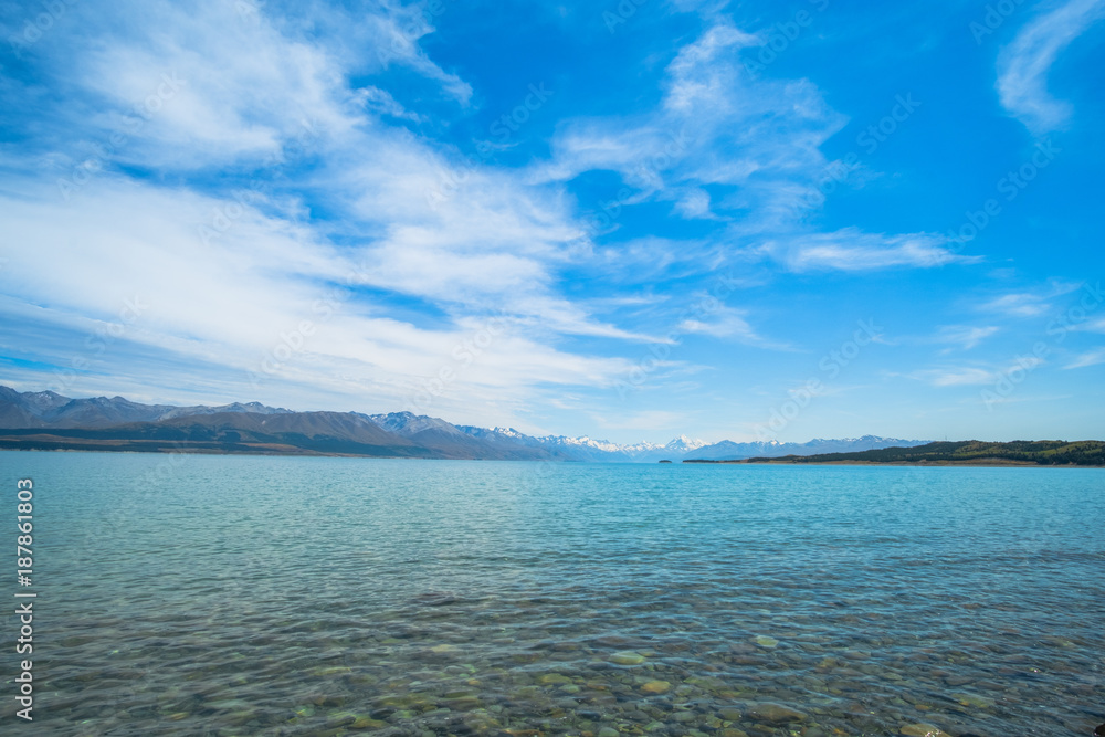 Beautiful scene of Mt Cookbeside the lake with blue sky and clouod in summer. New Zealand