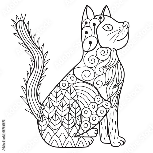 Ornamental cat for anti-stress coloring book. Vector illustration in zentangle style
