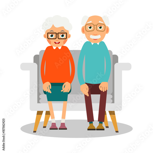 Old people sitting. On the sofa sit elderly woman and man. Family portrait of elderly people. Married couple of pensioners at home on vacation. Illustration in flat style. Isolated
