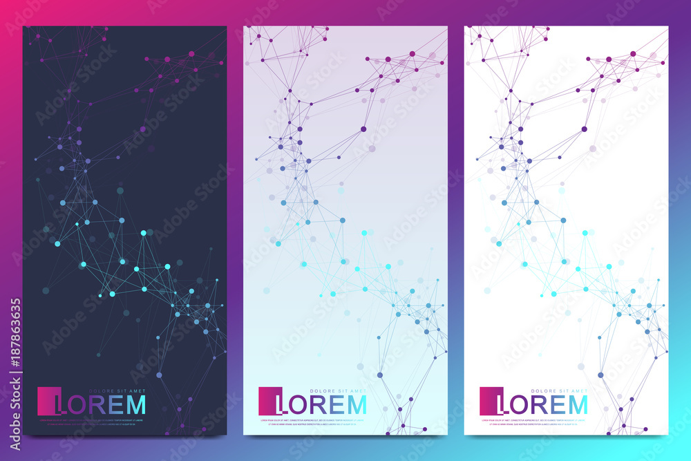 Modern set of vector flyers. Geometric abstract presentation. Molecule and communication background for medicine, science, technology, chemistry. Cybernetic dots. Lines plexus. Card surface.