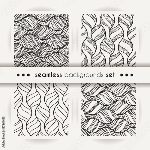Decorative vector seamless set of wave patterns. Endless illustrations with abstract doodle streams