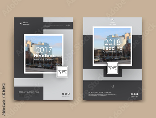 Black tbusiness card style. A4 brochure cover design. Info board. Book, diary title sheet model set. Modern vector front page art. Urban city house texture. Grey figures text frame icon. Ad flyer font
