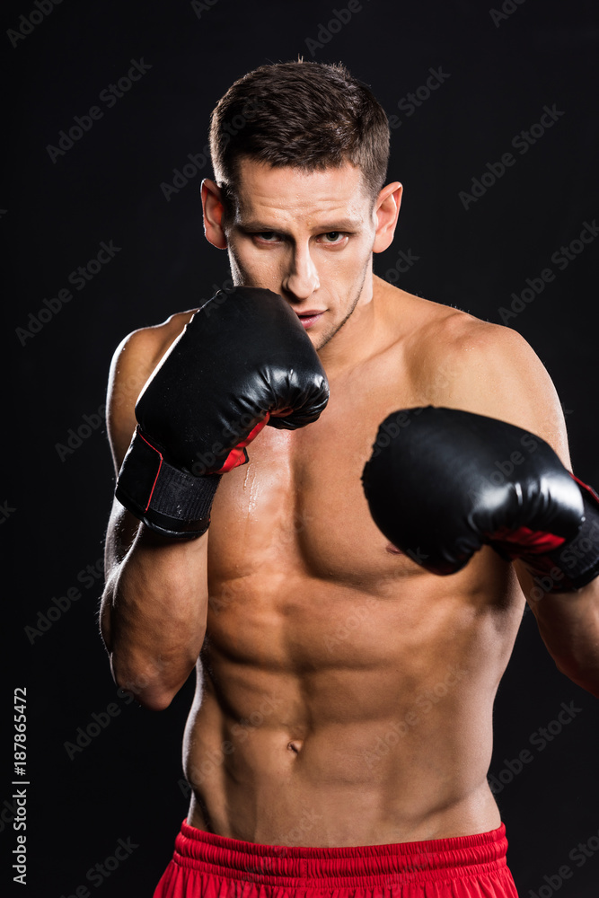 young shirtless sportsman in boxing gloves boxing isolated on black