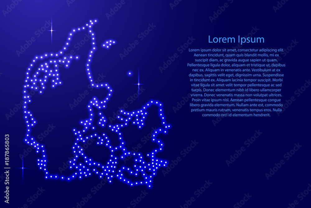 Map Denmark from luminous blue star space points on the contour for banner, poster, greeting card, of vector illustration.