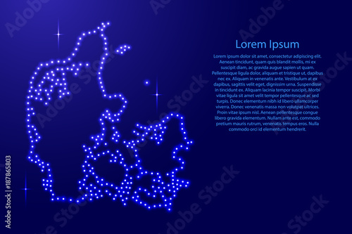 Photo Map Denmark from luminous blue star space points on the contour for banner, poster, greeting card, of vector illustration