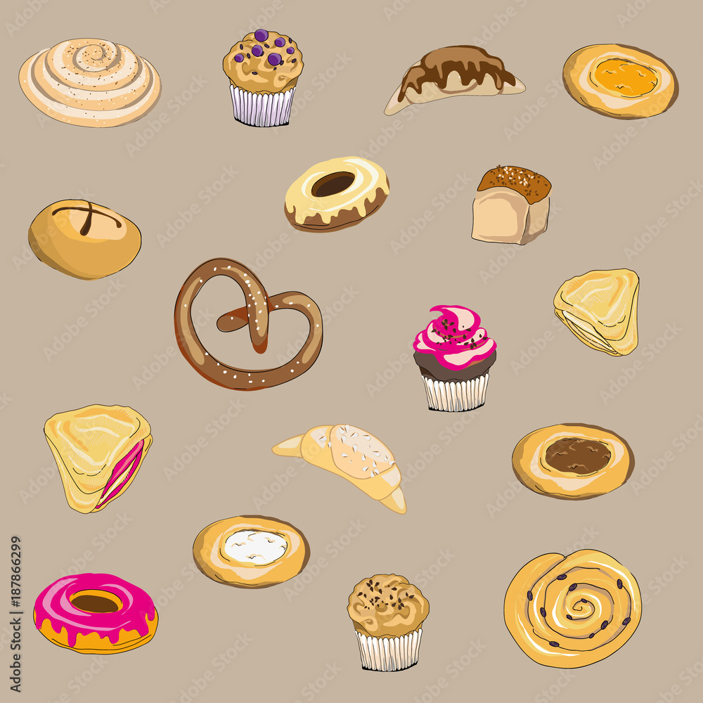 Vector illustration of pastry on brown background