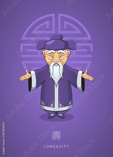 Cartoon hand drawn Asian wise old man in traditional clothes on background color of the year, ultra violet. Сoncept for Chinese New Year Illustration.