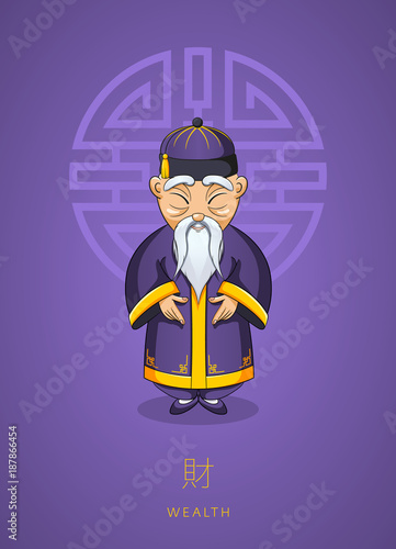 Cartoon hand drawn Asian wise old man in traditional clothes on background color of the year, ultra violet. Сoncept for Chinese New Year Illustration.